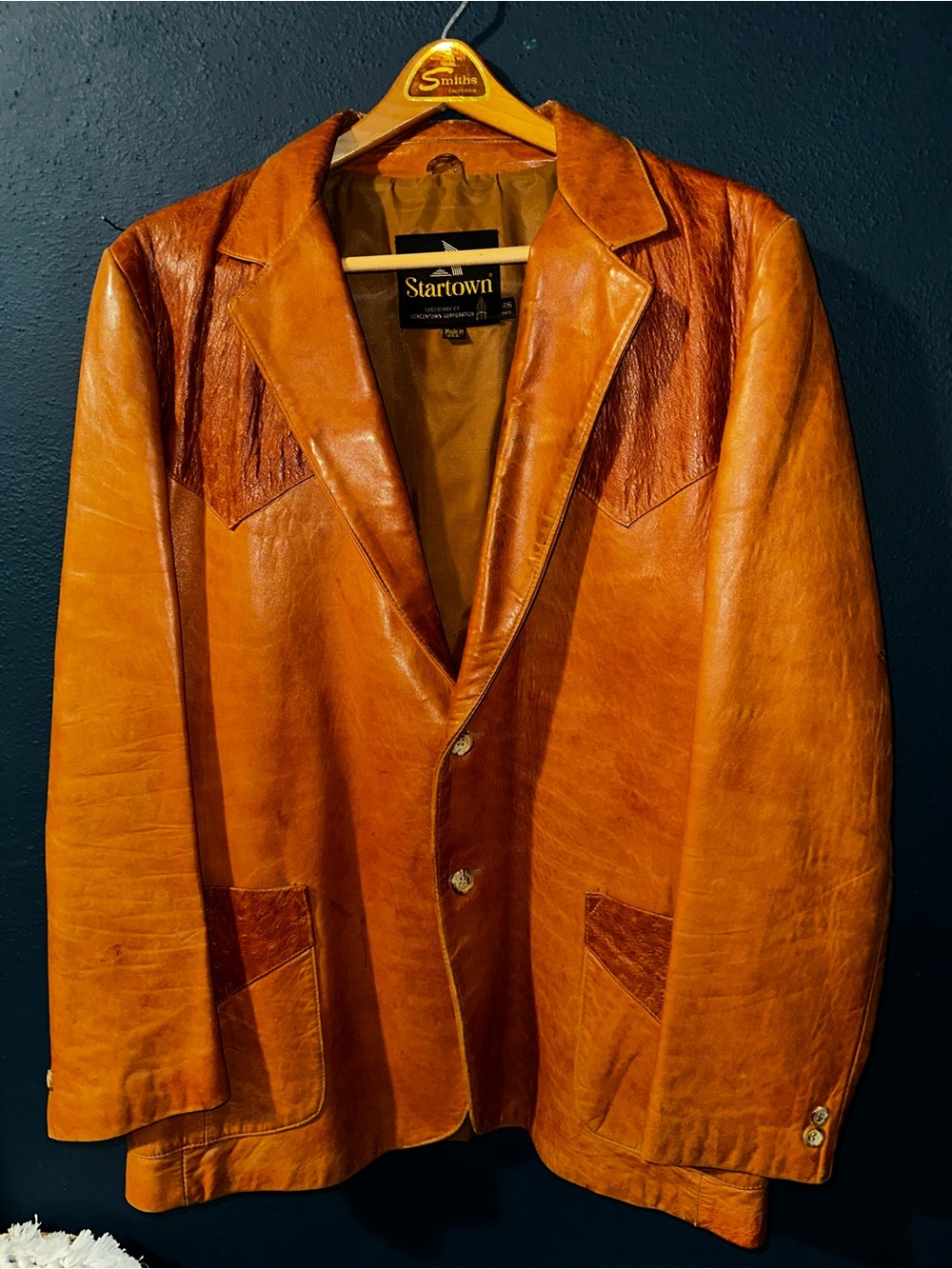 Startown Vintage Leather Blazer in Warm Cognac- Mens Size 49